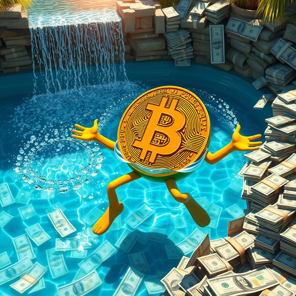 Image is of a bitcoin man, swimming in a pool of cash.