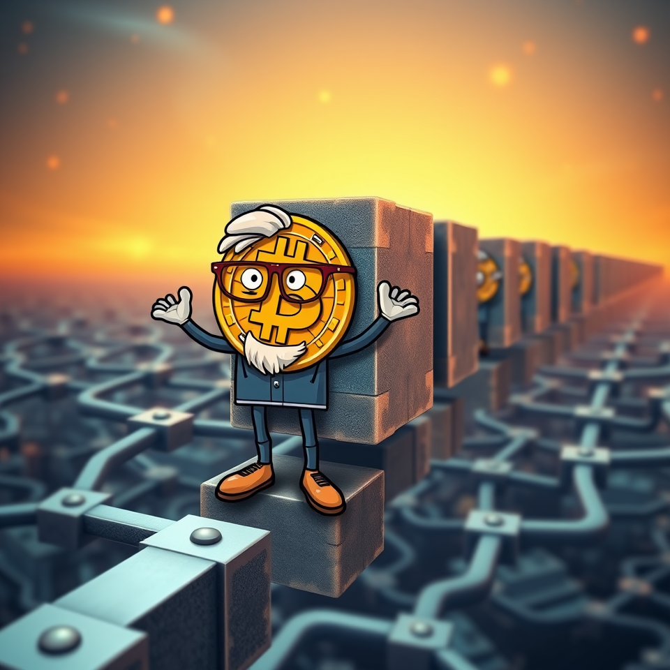 Image is of a bitcoin man, standing in front a chain of blocks, that continue into the background.