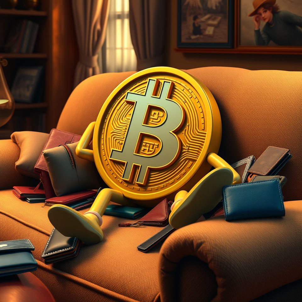 Image is of a bit coin guy, sitting on a couch, covered in wallets.